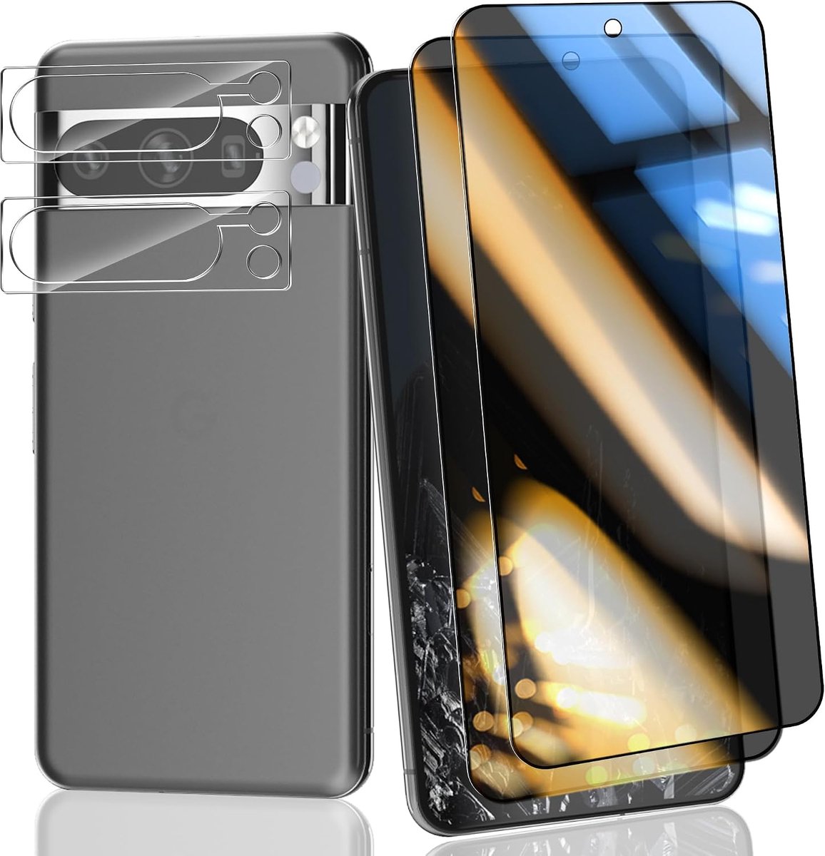 2 + 2 stuks privacy gehard glas voor Google Pixel 8 Pro, displaybeschermfolie met 9H camerabescherming, krasbestendig, compatibel met hoezen
