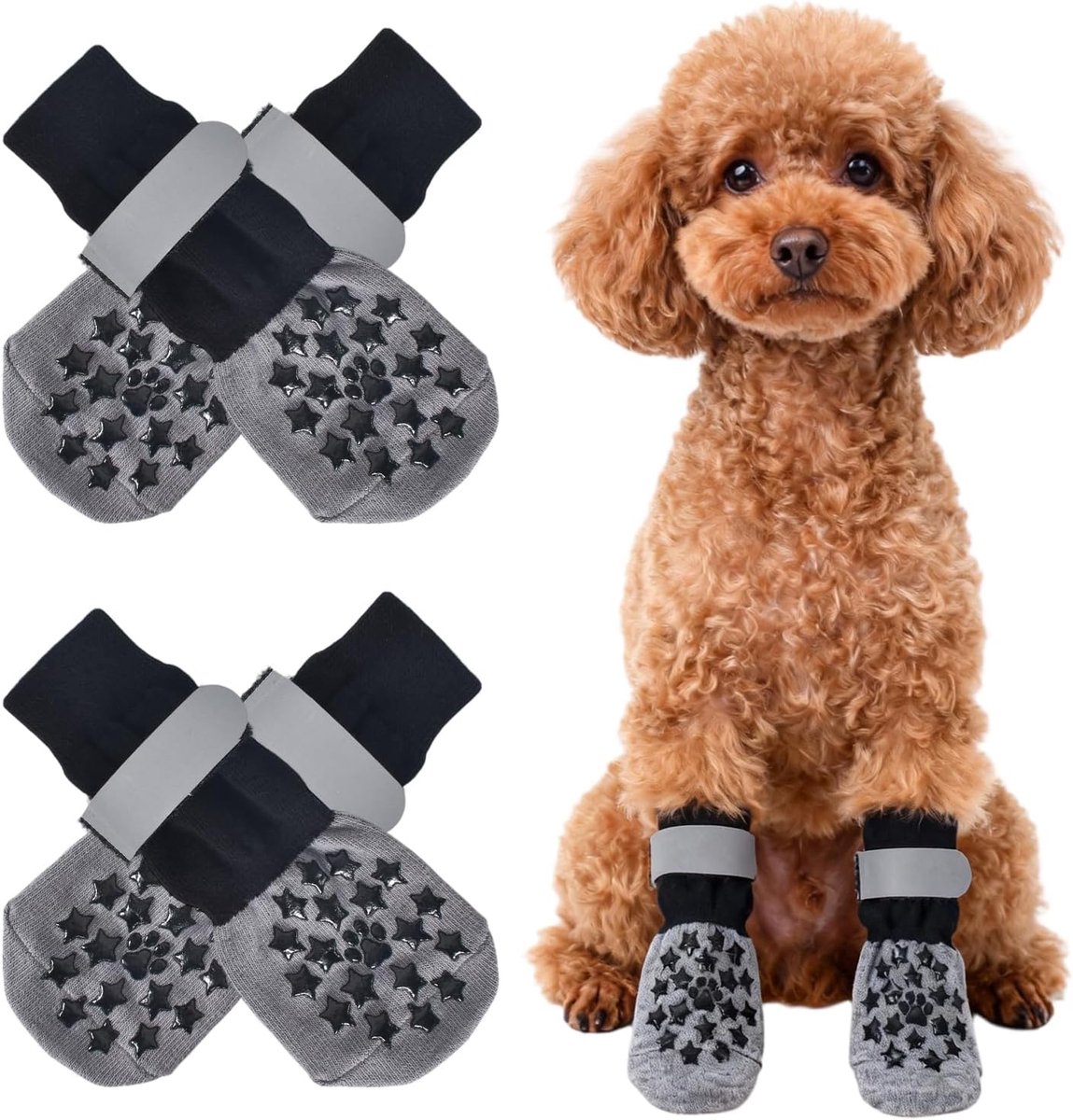 2 paar antislip canis-sokken, pootbescherming voor zachte honden, hondensokken met verstelbare reflecterende banden, voor binnen (M, pootafdruk en sterren)