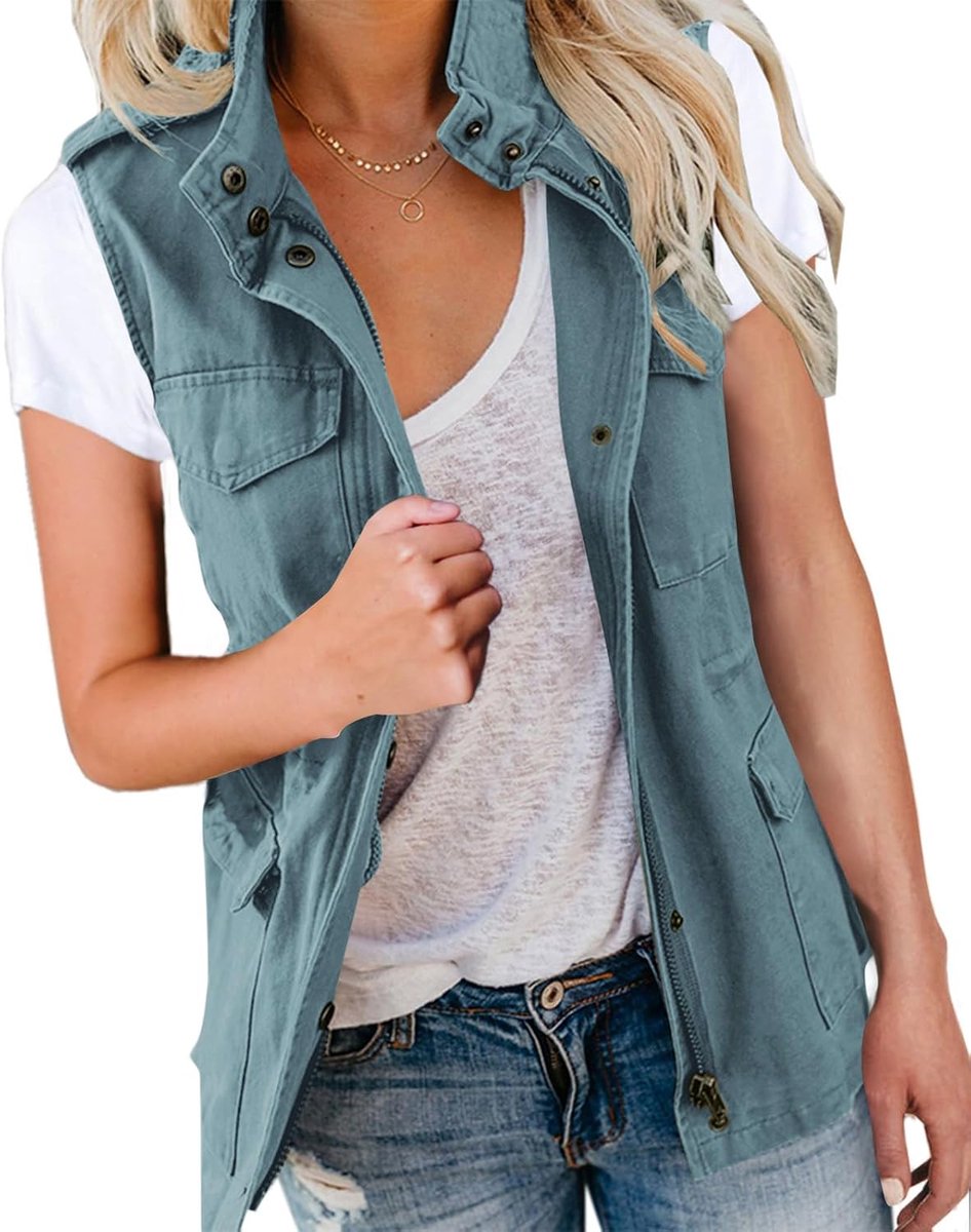 Bela Cargovest voor dames, mouwloos, overgangsparka, jas, kort, met zakken en trekkoord, lente, zomer, vest, bovenkleding