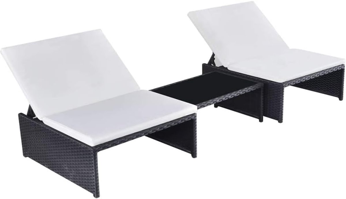 Leunstoelen, 2 stuks, met tafel, zwart, polyrotan, tuinmeubelset, verstelbare loungestoel met afneembaar kussen, weerbestendig PE-vlechtwerk en stabiel stalen frame