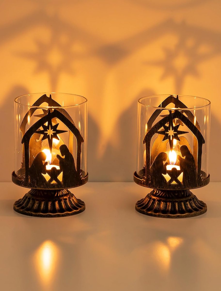 Kerststal kandelaar decoratieset: set van 2 vintage kerstkribbe Kerstmis metalen interieurdecoratie met windlichtglazen voor tafel, woonkamer, advent voor kerstdecoratie