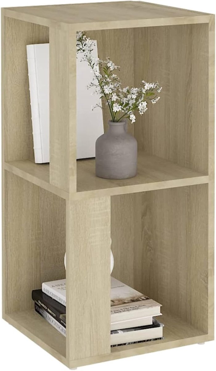 Hoekrek met 2 vakken, boekenrek, wandrek, kamerverdeler, kantoorrek, decoratief rek, opbergrek, spaanplaat, Sonoma-eiken, 33 x 33 x 67 cm