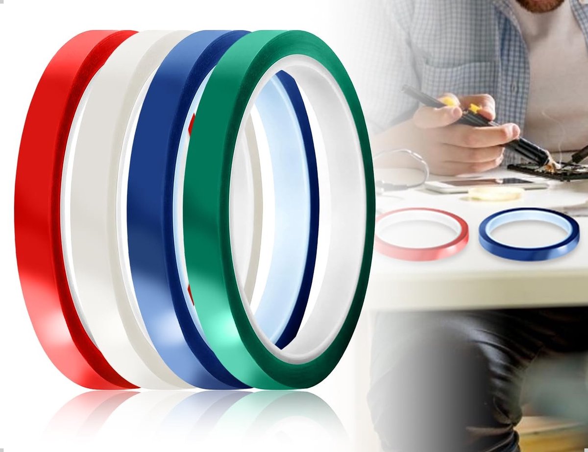 Hittebestendige plakband set van 4 rollen voor elektronica, knutselen en auto-reparaties (groen, blauw, rood, transparant)