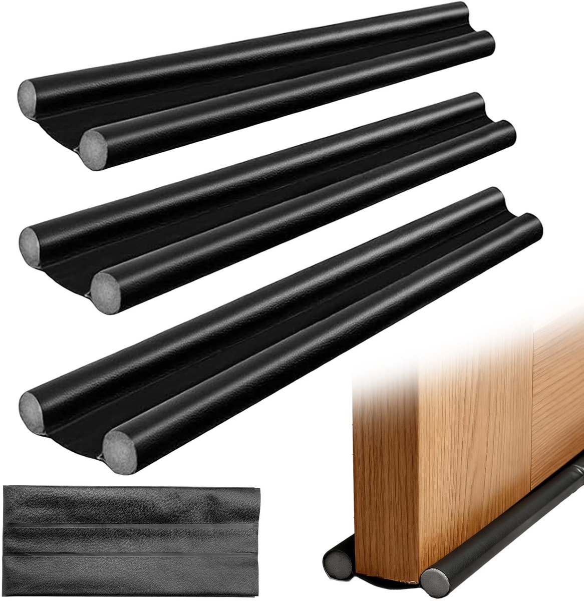 Famanu - Tochtstopper voor deuren, 3 stuks, 96 cm, dubbellaagse deurafdichting, windstopper voor onder huisdeur en raam (zwart)