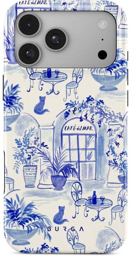 iPhone 14 Pro Max hoesje met een wit en blauw Del Mar café-print, met tafels, stoelen, planten en katten.