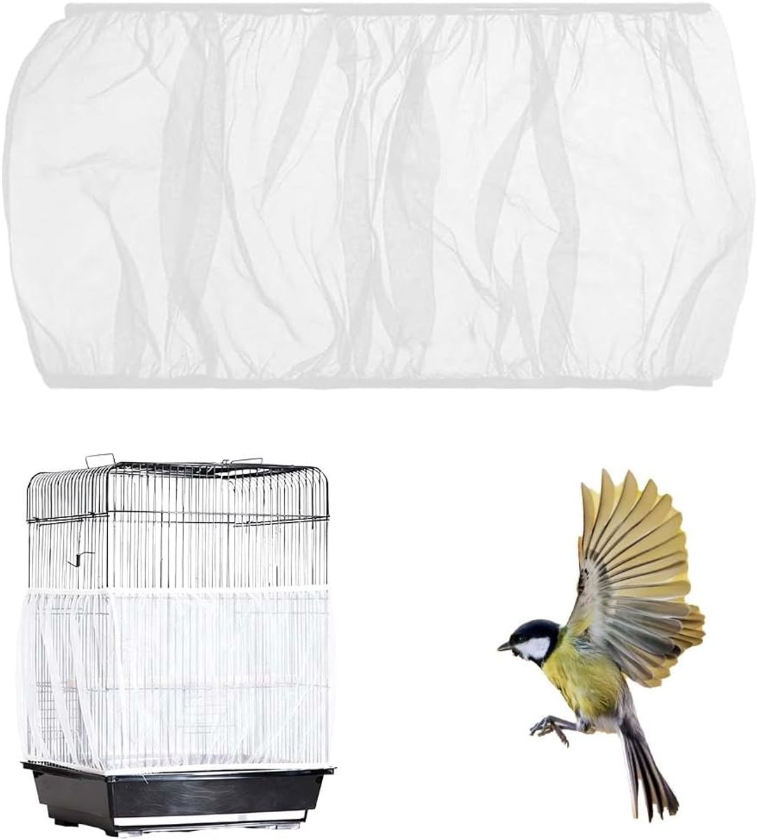 Vogelkooi-afdekking, zaadvanger en beschermend net van nylon, wit, geschikt voor kooien met een hoogte van 20 cm en een omtrek van 80-110 cm, 1 stuk