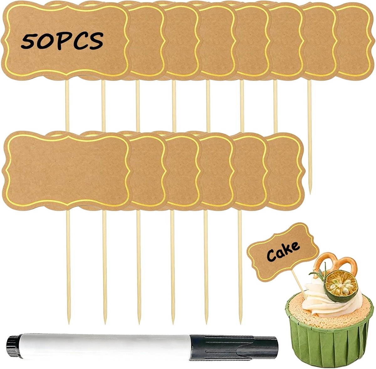 50 Stuks Buffetlabels om te Beschrijven – Mini Krijtbordjes met Prikker – Etiketten voor Kaas, Taart, Cupcakes en Feestdecoratie, Kraftpapierkleur