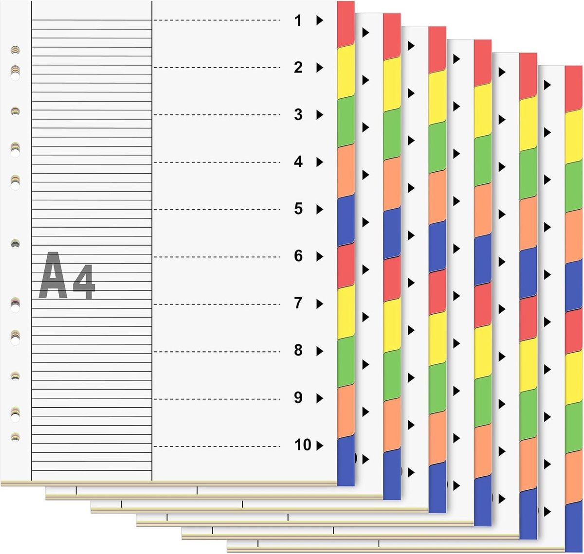 A4 folderregister met 10 delen, 6 scheidingsbladen, gerecycled karton, 11 gaten, stevige omslag en 5 kleuren voor organisatie en archivering
