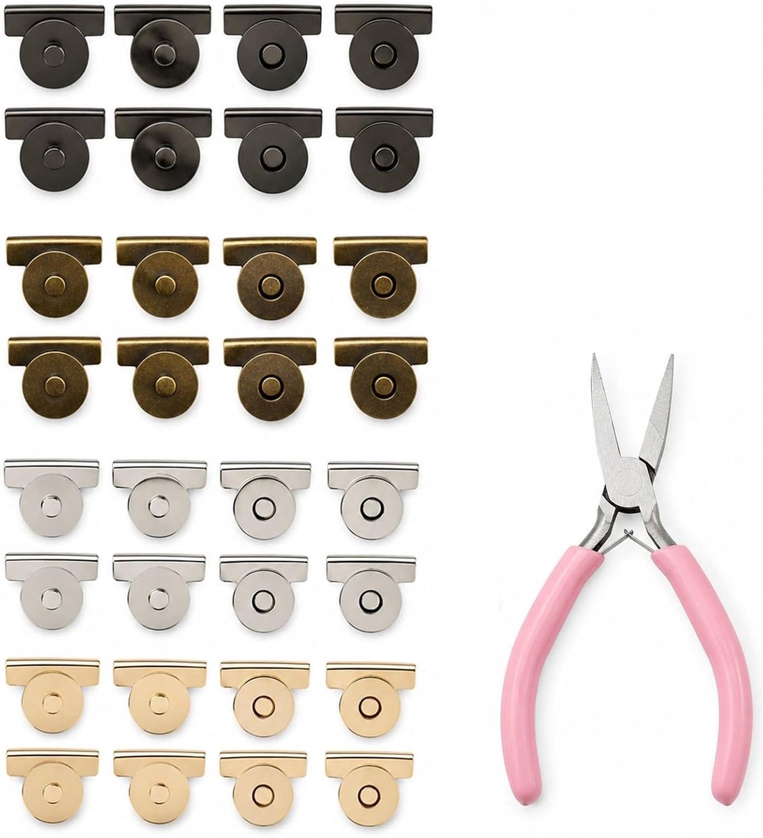 Knopenset voor naadloze tassen, 32 stuks magnetische knopen voor tassen, uitgerust met platte tangen, voor kleding, tas, breiwerk, kunsthandwerk, portemonnees