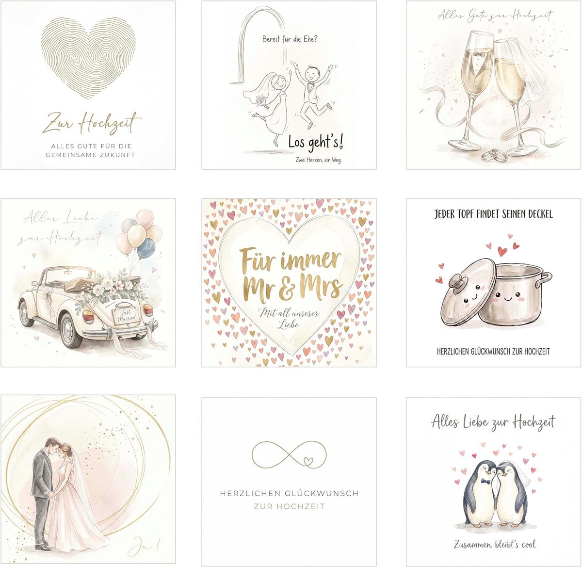 Seidel assortiment 9 vierkante bruiloftskaarten met envelop. Wenskaarten formaat vierkant met tekst in het Duits bruidegom en bruid liefde geluk (SW026)