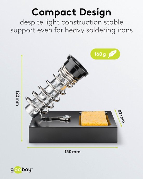 Goobay soldeerboutstandaard met afmetingen: 130 mm breed, 122 mm hoog.