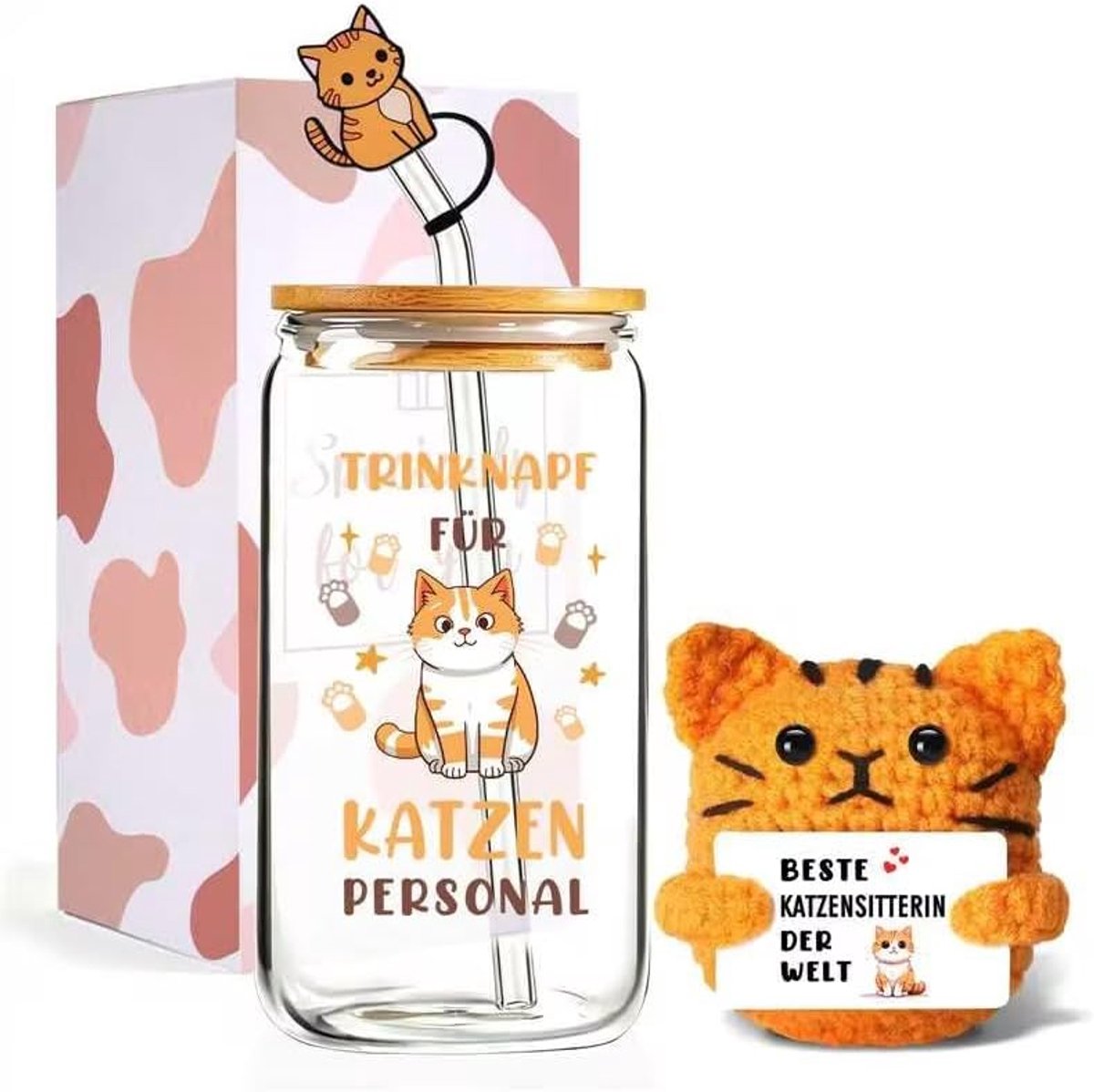 Cadeau voor kattenliefhebbers voor vrouwen en mannen, kattendrinkbeker met deksel en rietje, handgehaakte kat met energiekaart, verjaardagscadeau voor mama, vriendin, zus, dochter (kat)