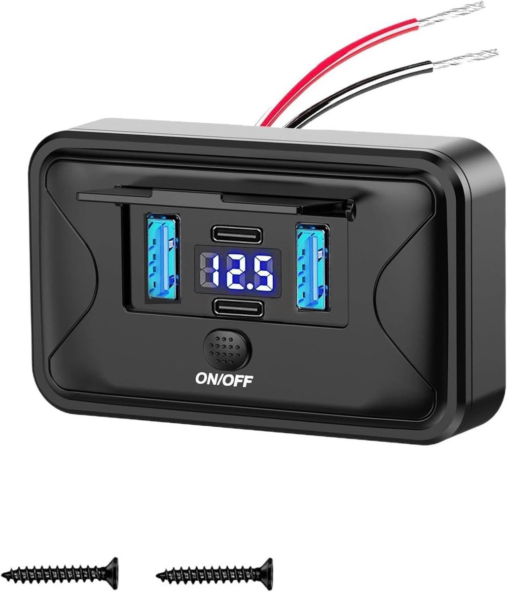 12 V USB-stopcontact opbouw, 84 W, 4 poorten, 2 x PD3.0 & 2 x QC3.0 snel opladen met schakelaar en blauwe led-voltmeter, voor camper, bus, boot, tractor, golfkar