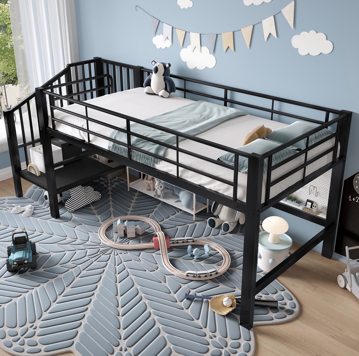 WUVRIE Halfhoogslaper 90x200 cm met opbergtrap en lattenbodem, zwart metalen kinderbed
