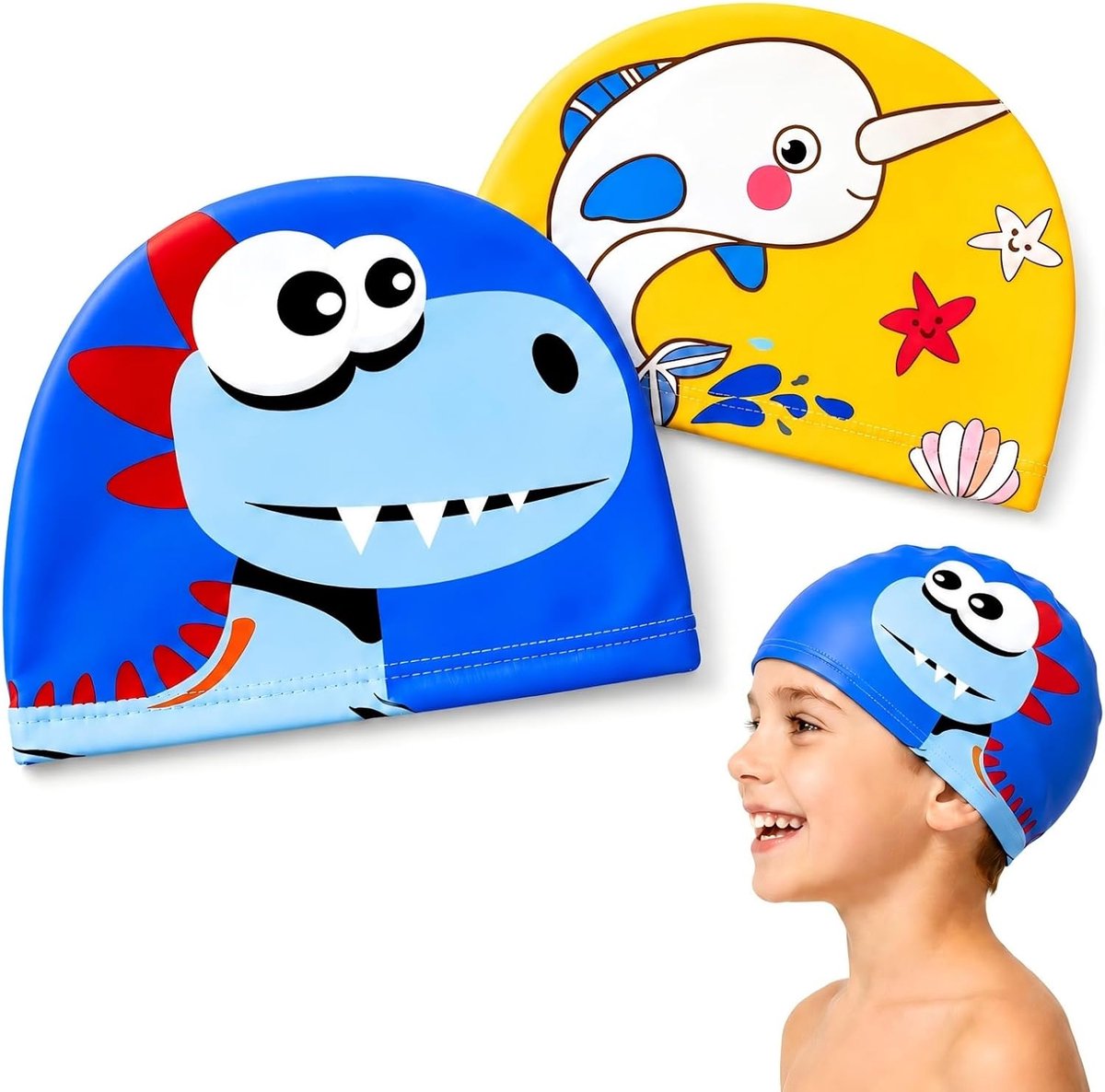 2 Stuks badmutsen voor kinderen, schattige bedrukte badmutsen, zwemmuts voor kinderen, cartoon-badmuts, elastisch polyester, badmuts voor 3-8 jaar
