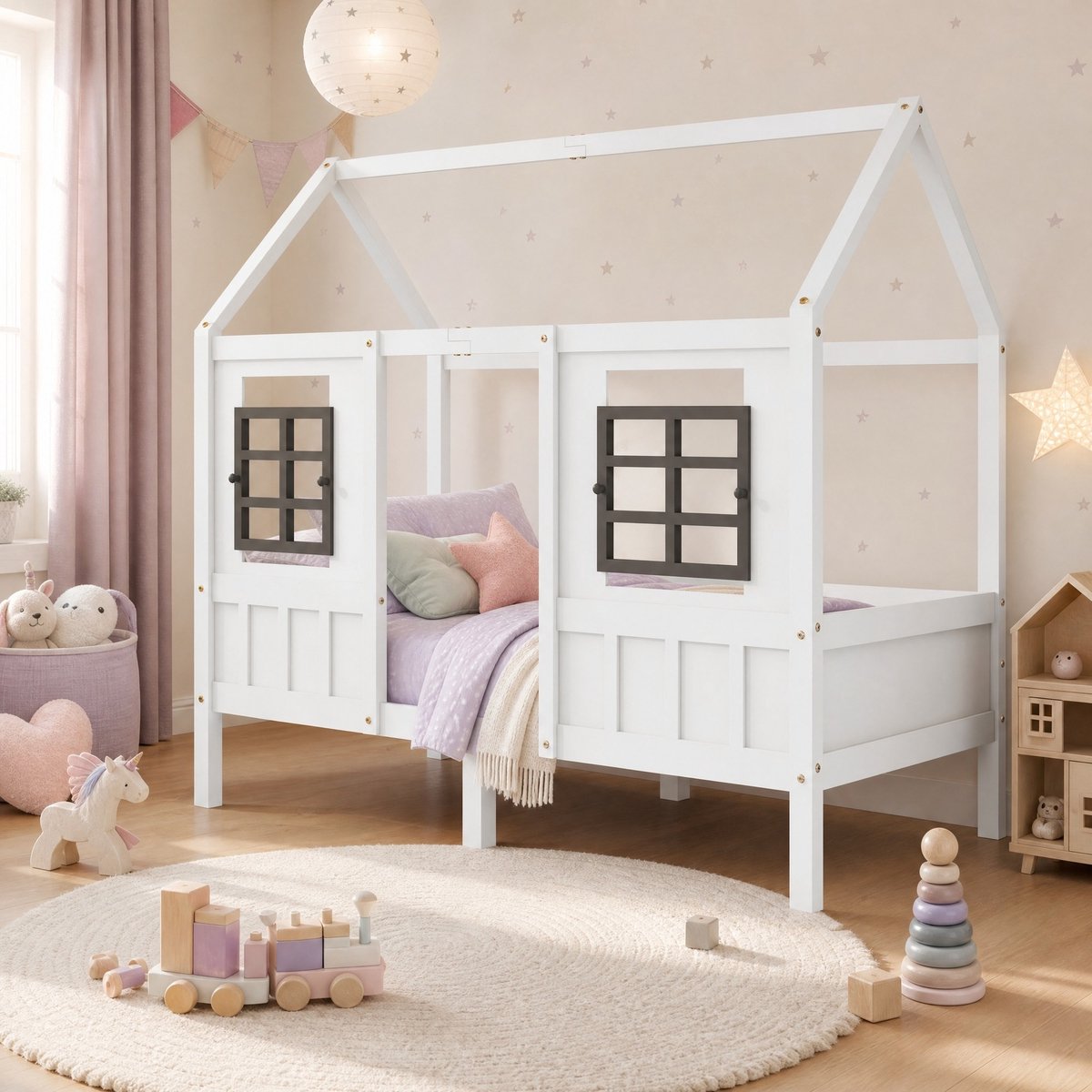 WUVRIE Huisbed 200x90 cm met 2 lades, dubbele ramen en lattenbodem voor kinderkamer, wit