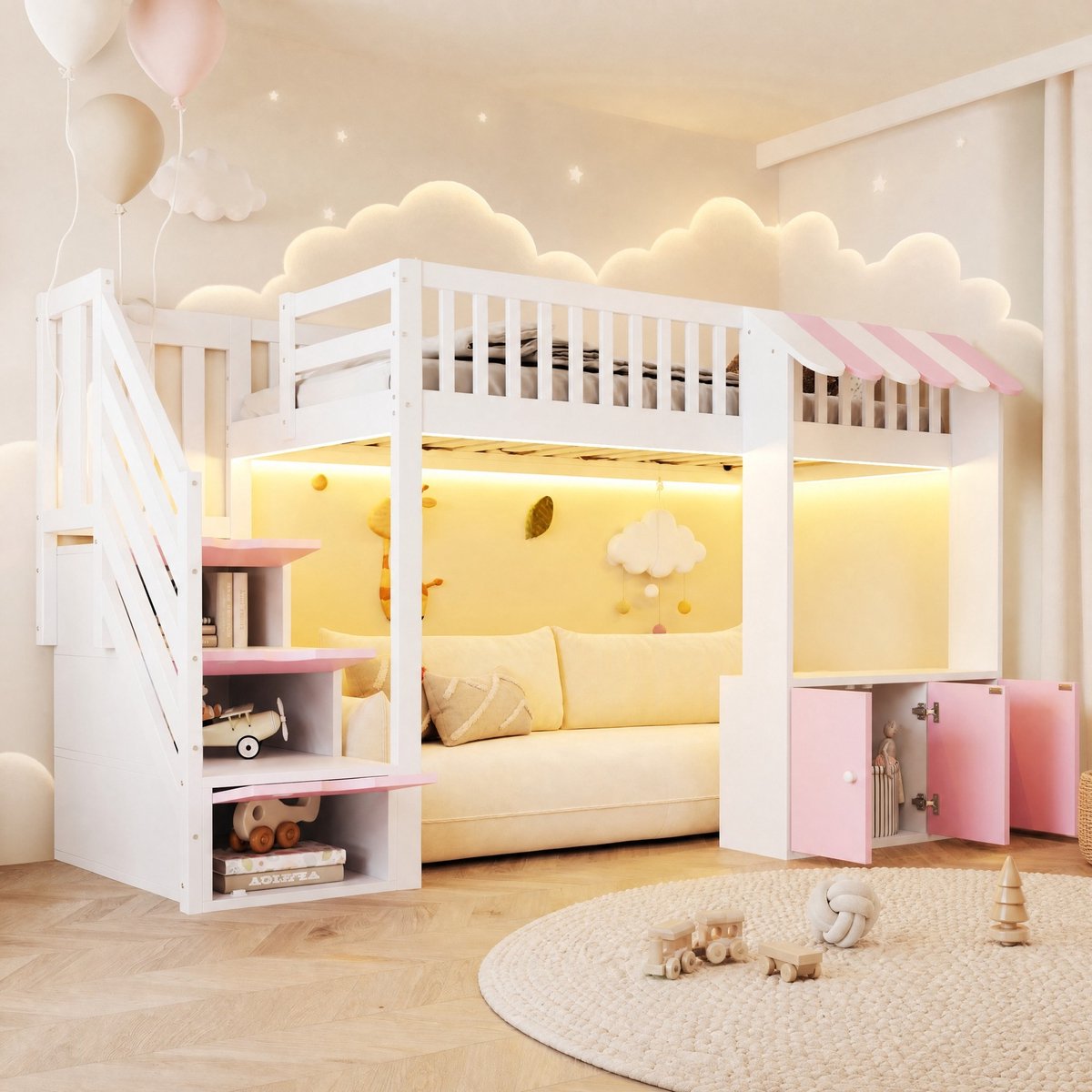 WUVRIE Hoogslaper 90x200 cm met opbergtrap, opbergkast en meerkleurige LED-verlichting, wit/roze