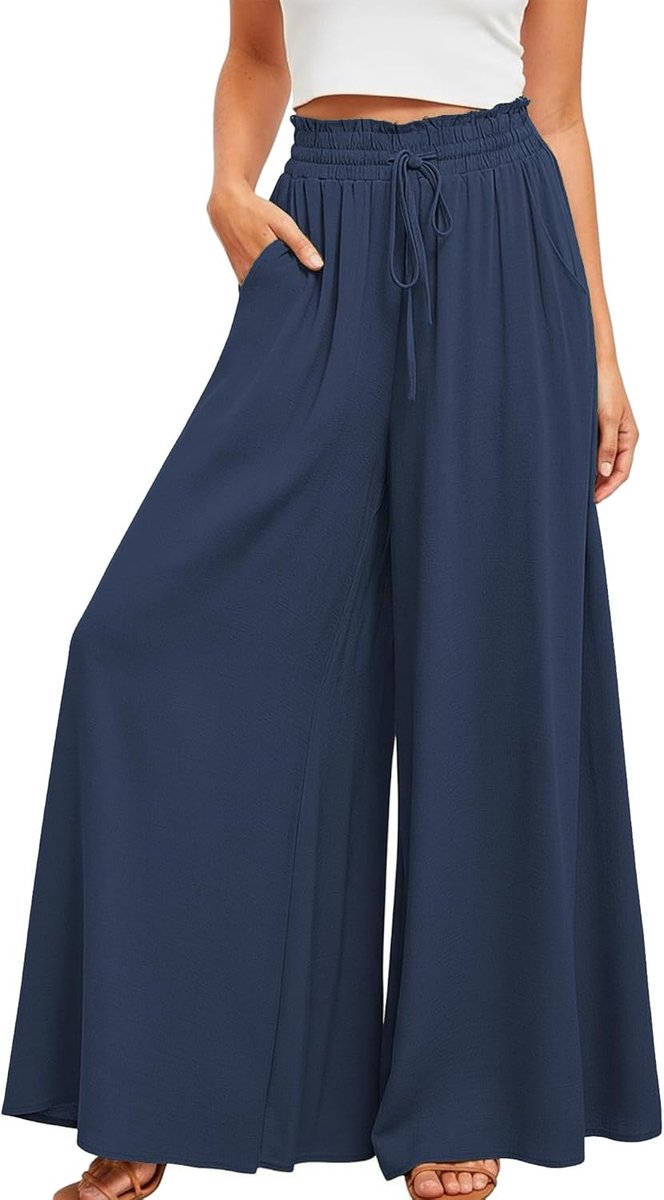 zomer, hoge taille, vloeiende palazzo-broek, brede pijpen, casual, licht, elegant, strand, casual broek met zakken en trekkoord