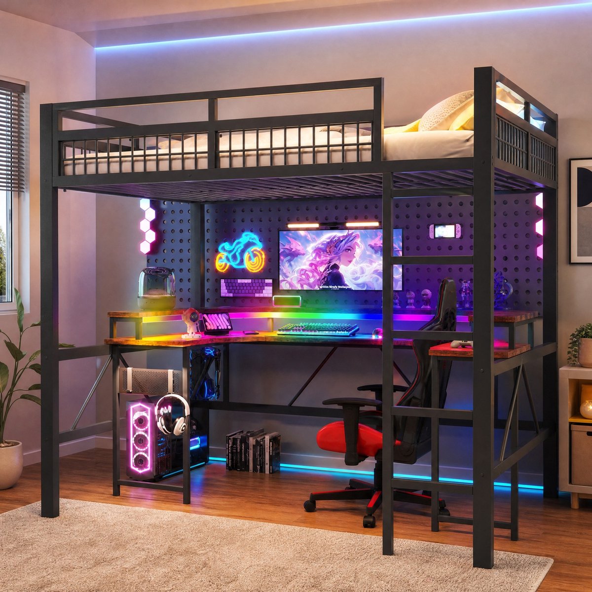 WUVRIE Hoogslaper 140x200 cm met bureau, LED-verlichting, USB, Type-C, stopcontacten en pegboard, zwart