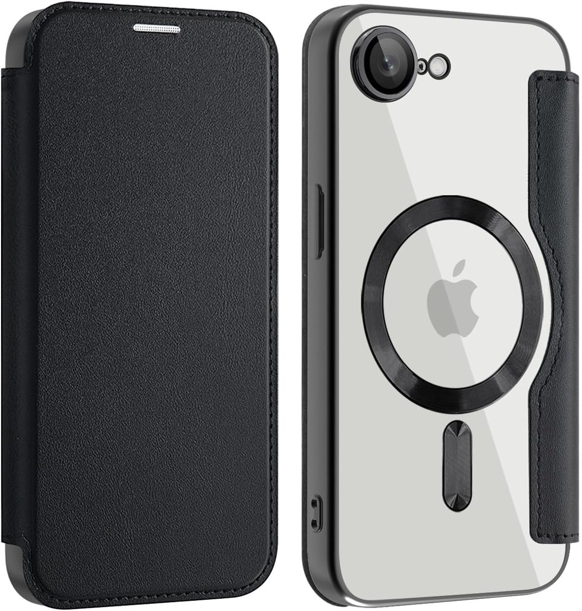 Beschermhoes voor iPhone 16, portefeuille, magnetisch, klaphoes van PU-leer met 3 kaartenvak en transparante beschermhoes, krasbestendig, zwart