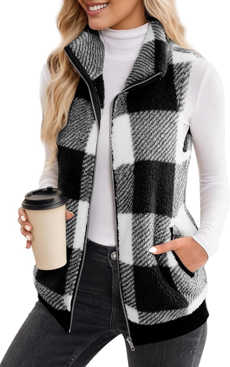 Wintervest voor dames, verdikt pluche vest, thermo-knuffelvest, mouwloos teddy-jack, gewatteerd geruit, gebreid vest met ritssluiting, fleecevest, teddyjas, S-3XL