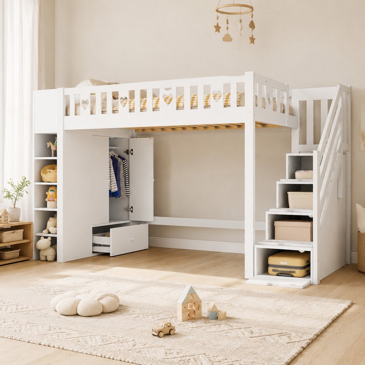 WUVRIE Hoogslaper 90x200 cm met opbergladder, planken en opklapbare opbergkast, wit