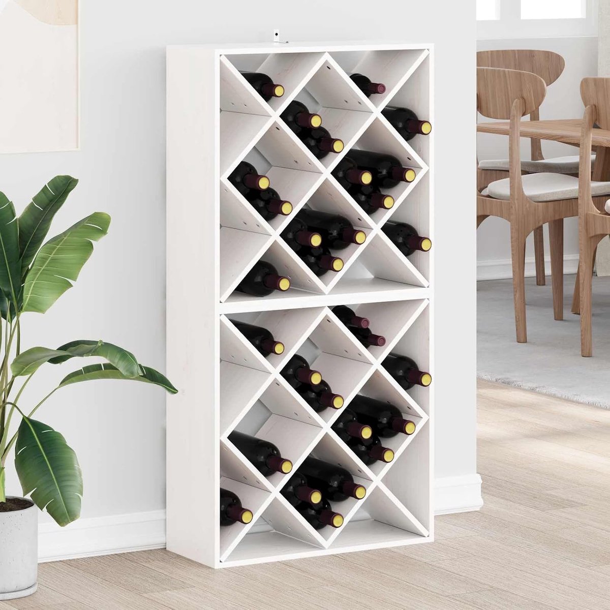Wijnrek, set van 2, wit, van grenenhout, 62 x 25 x 62 cm, flessenrek voor keuken en woonkamer, stabiel wijnopbergsysteem