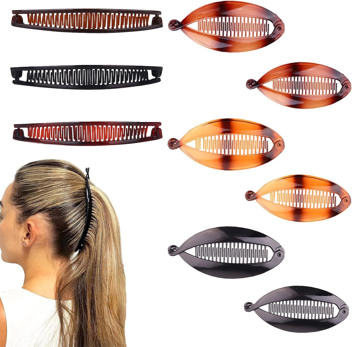 Bananenhaarclips dames 9 stuks – haarspelden set met U-vormige en platte clips – 14 cm 11,5 cm 15 cm – zwart roodbruin honingkleur – voor paardenstaart knot dagelijks werk feest