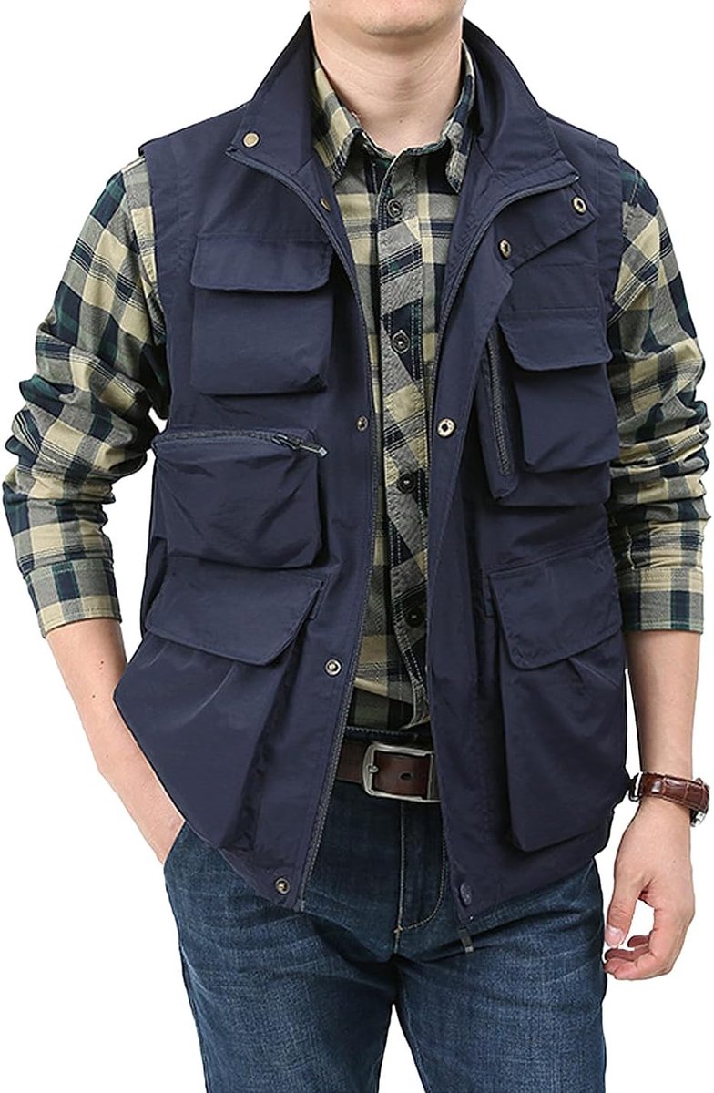 Lichtgewicht outdoorvest voor heren, safari-gilet cargo schieten, reisvest met zakken