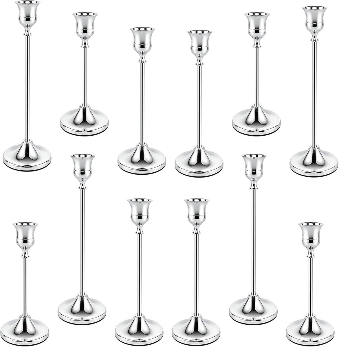 Zilver, 12 stuks kandelaar, staafkaarsenhouder, vintage kandelaar, staafkaarsenhouder, hoge kandelaar voor bruiloft, Kerstmis, diner