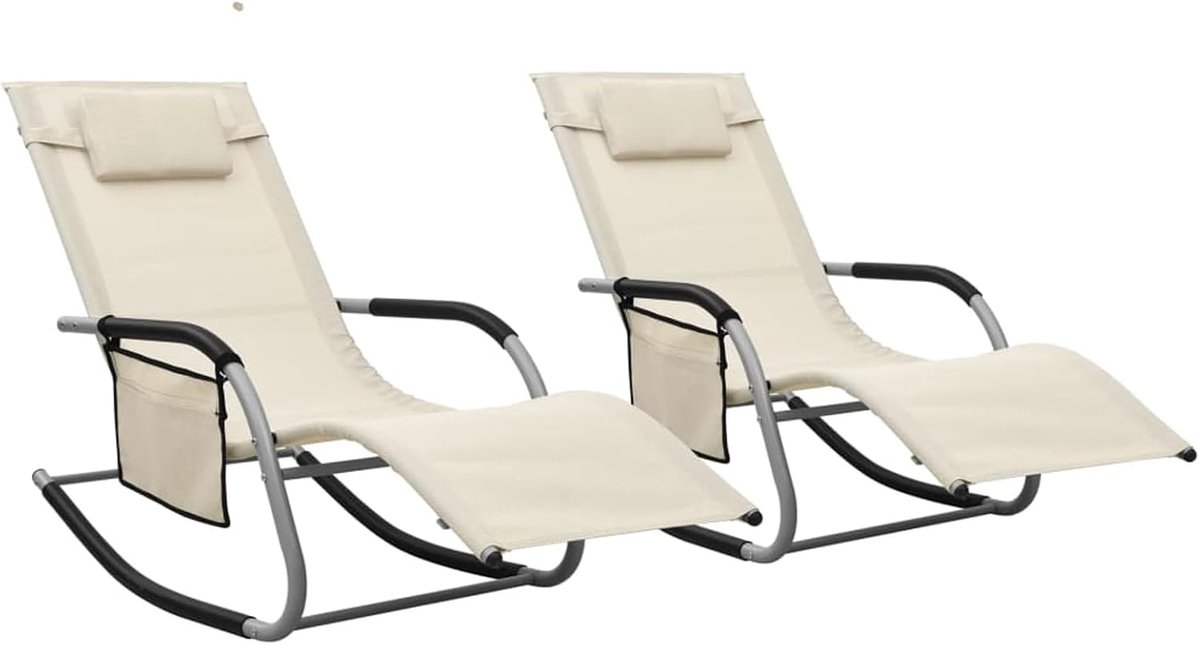 2 stuks. Textilene crème/grijs, 149 x 62 x 88 cm, met zijzak en afneembaar kussen, weerbestendig, voor tuin, balkon en strand