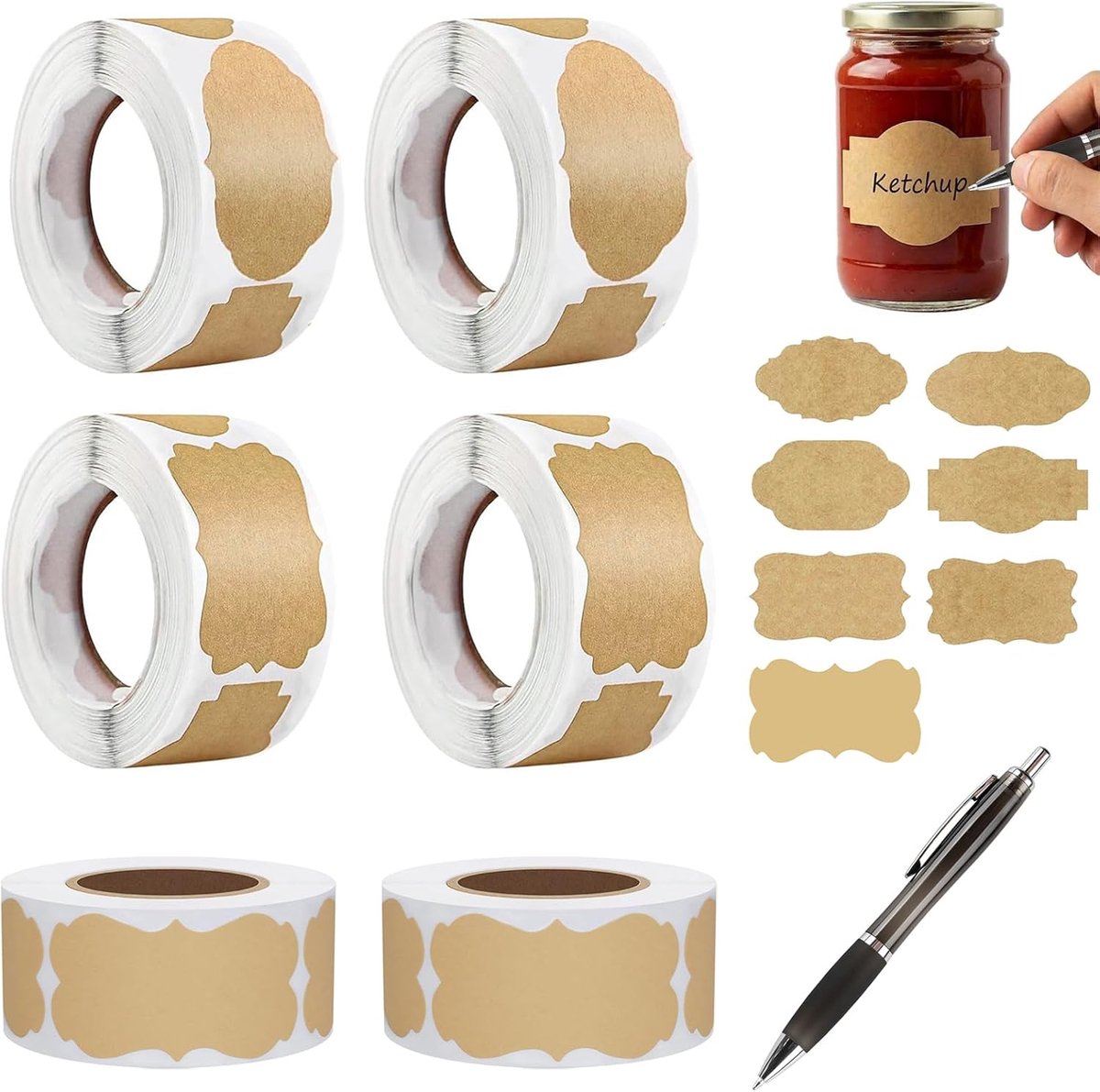 Zelfklevende Labels voor Jampotten – 1250 Stuks, 3x5 cm, Bruin – Handgeschreven Labels voor Voedsel, Cadeaus, en Organisatie – Perfect voor Kleine Bedrijven, Hobbypersonen en Thu