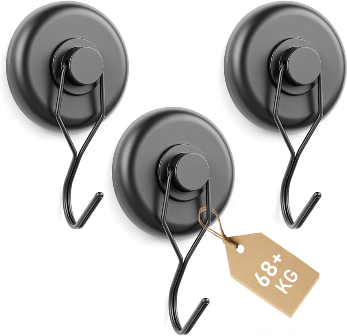 Magneethaken, extra sterk, 42 mm, 68 kg houdkracht met neodymium-magneten voor extreme belastingen in garage en werkplaats, draaibaar en roestvrij zwart, 3 stuks