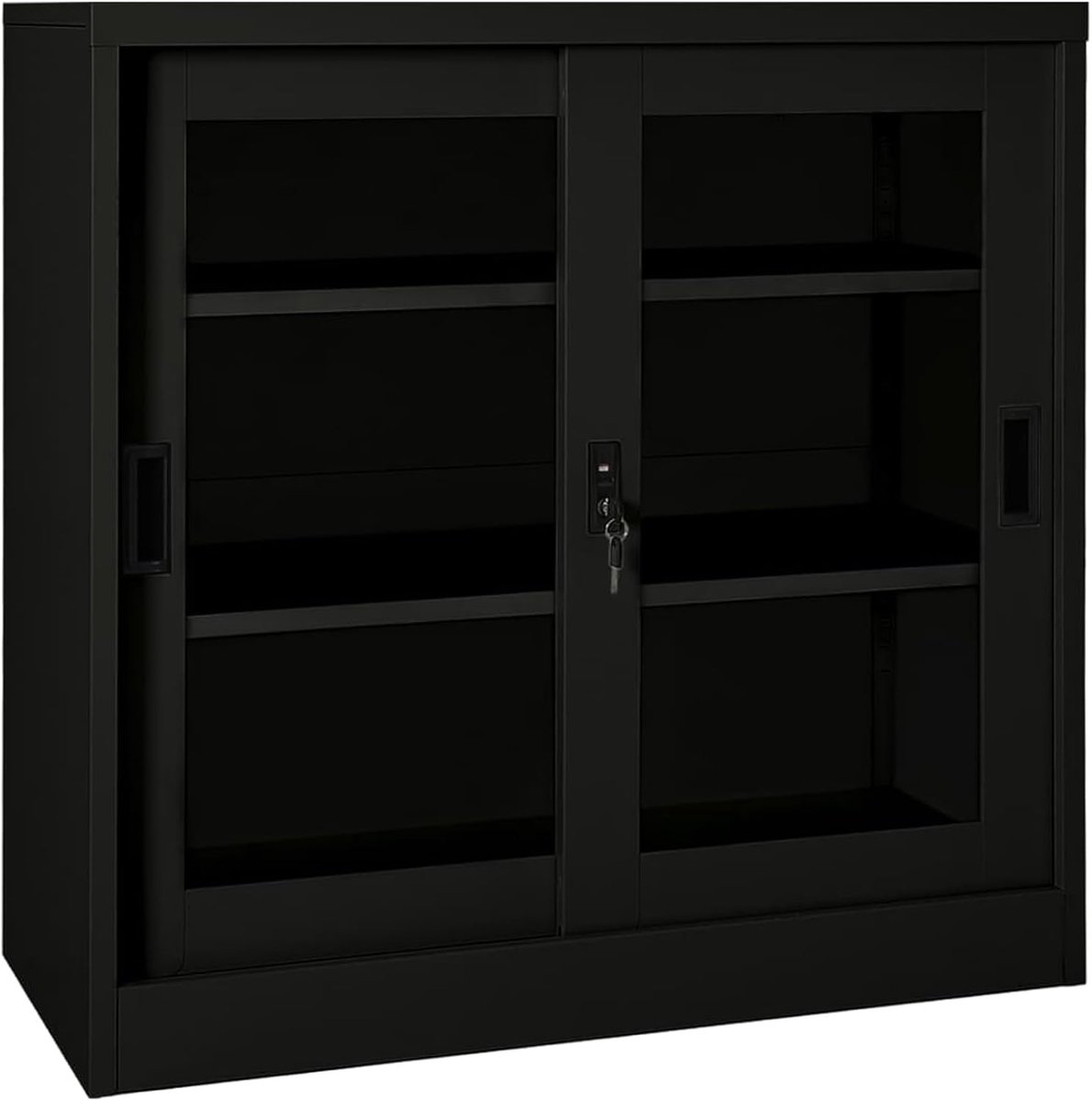 Kast met schuifdeur 90x40x90 cm zwart van staal en gehard glas met 2 verstelbare planken