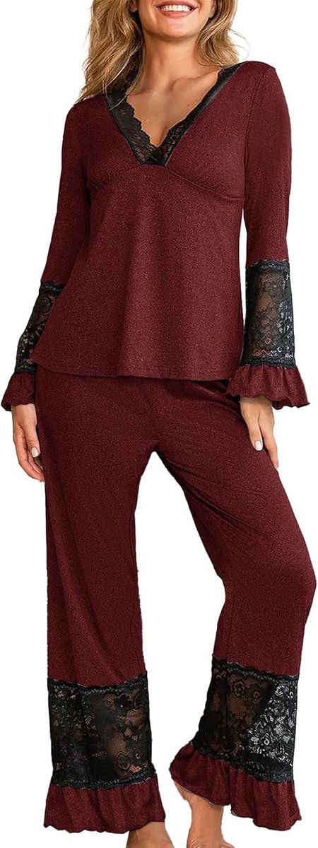 Damespyjama met lange mouwen, met kant, lange pyjamaset, ruches, T-shirt en broek, tweedelig, zacht, elegant voor herfst en lente