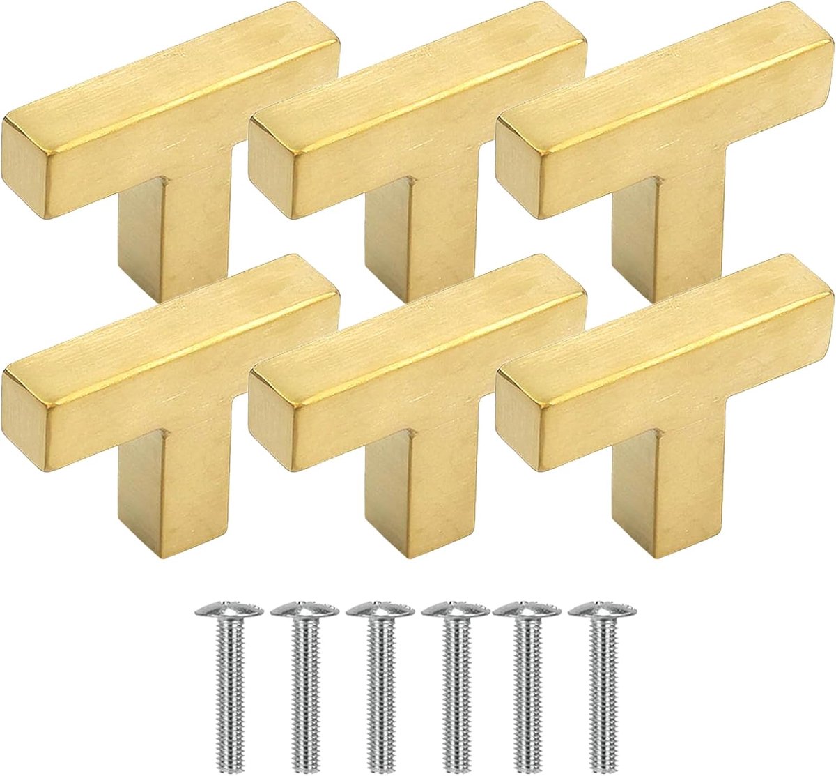 20 stuks meubelgrepen van roestvrij staal, T-deurknop, meubelgreep, 1 gat, goudkleurig, vierkante knoppen met schroeven voor laden, kasten, commode
