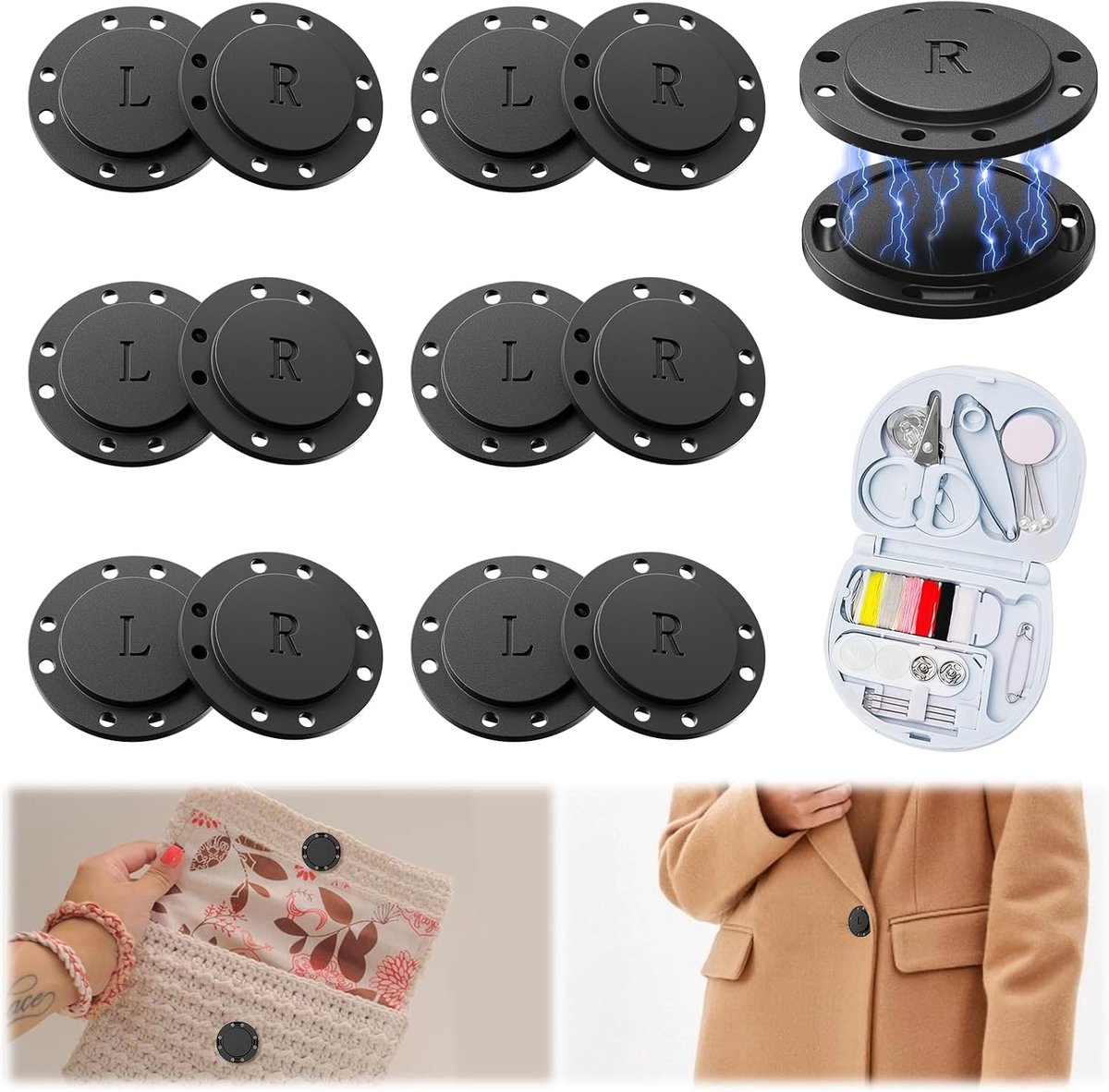 Knopen, drukknopen om aan te naaien, 26 mm magneetsluiting met mini-naaiset, zakmagneet, drukknop, groot, voor kleding, windjack, tas, handwerk, naaien, gebreide jas