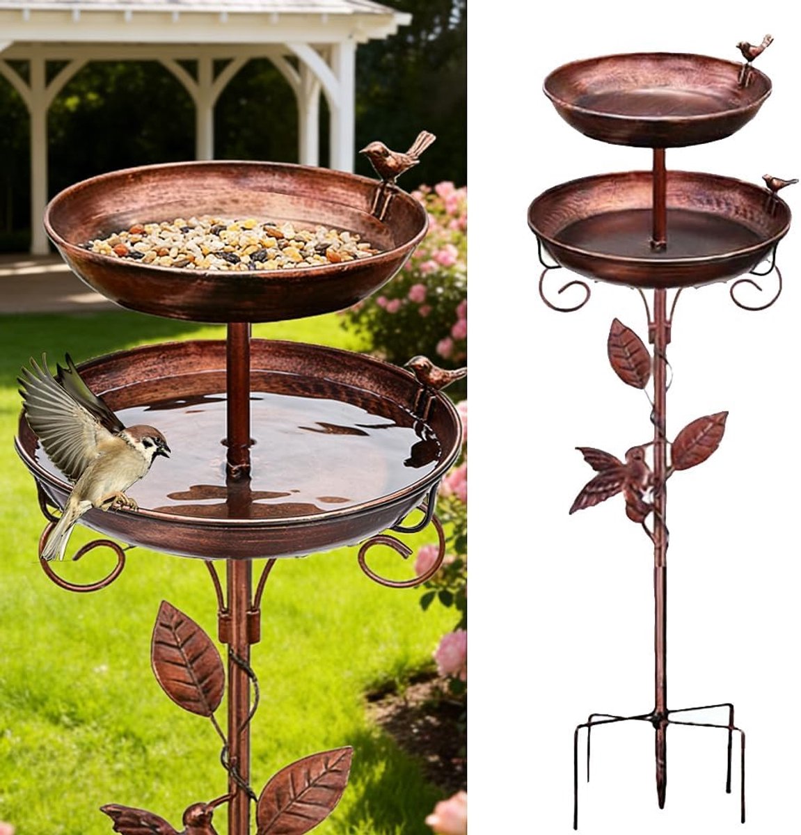 Vogelbad, 117 cm, vogelbad voor buiten en tuin, 2-in-1 metalen vogelbekken, kom met dubbel bekken, waterbad voor vogels, antiek vogelbad, winterbestendig, voering, waterschaal, retro