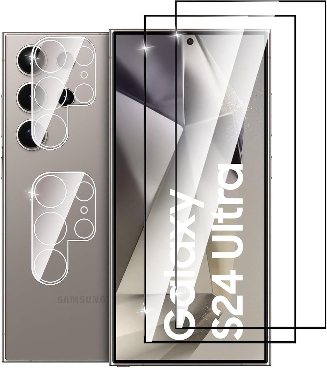 2 + 2 stuks gehard glas voor Samsung Galaxy S24 Ultra, eenvoudige installatie, hardheid 9H, krasbestendig, HD transparant, beschermglas voor Samsung Galaxy S24 Ultra