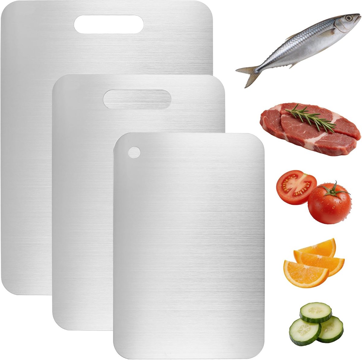 3 stuks roestvrijstalen snijplankenset, dubbelzijdige snijplank, metalen snijplank, 30 x 20 cm, 34 x 23 cm, 39 x 28 cm, snijplanken roestvrij staal met handvat voor fruit, groenten, vlees