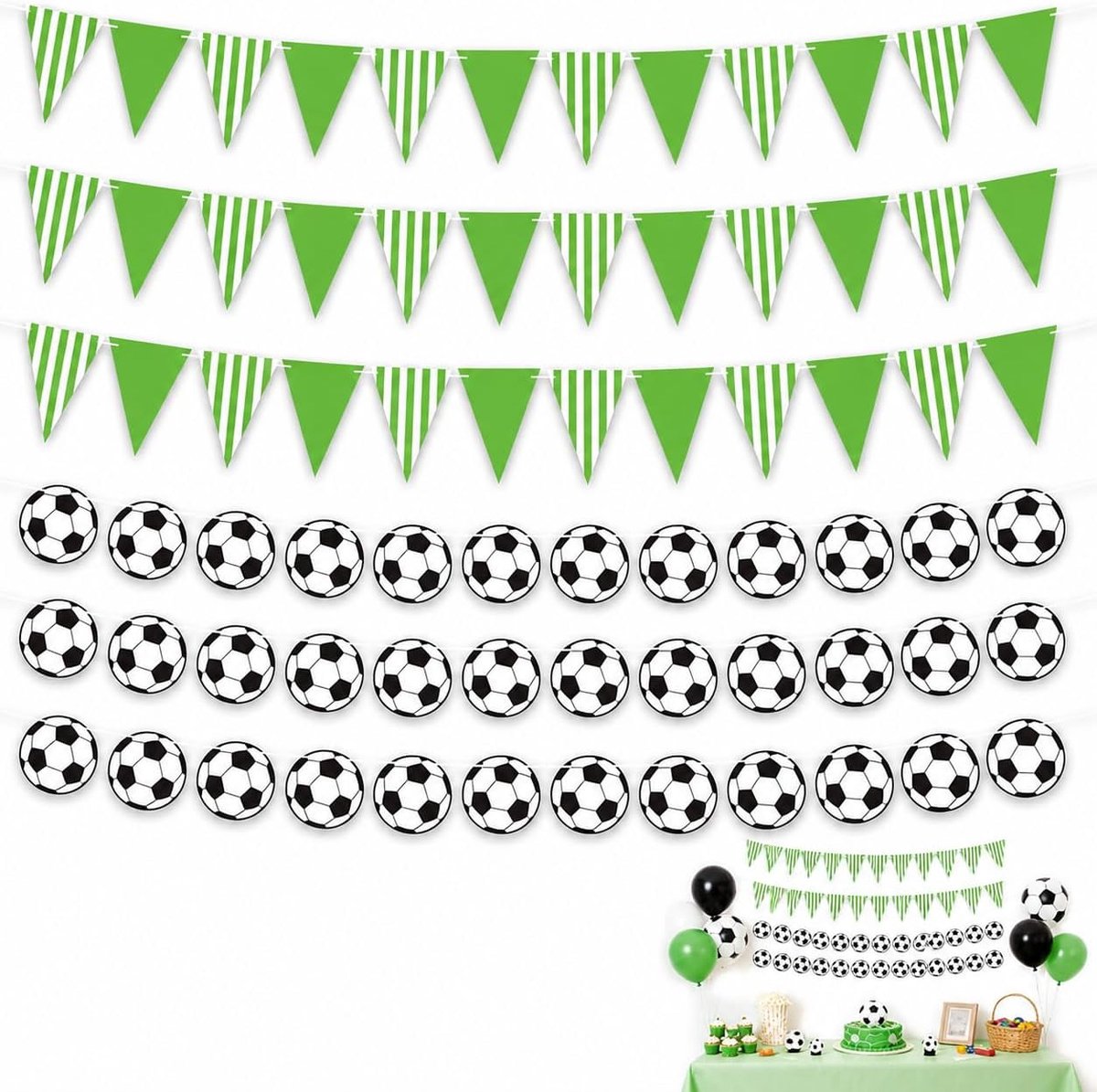 banner decoratie set – 3x voetbalvormige banners (36 stuks) en 3x driehoekige vlaggen (36 stuks), 5 meter lang voor voetbal themafeest, ideaal voor verjaardagen en evenementen