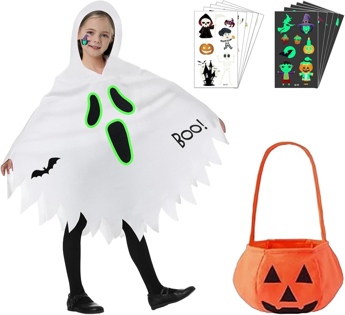 Spookkostuum voor kinderen, witte geestcape voor kinderen, met pompoentas, tattoo-stickers, spook, kostuum voor jongens en meisjes, carnaval, themafeest, Halloween
