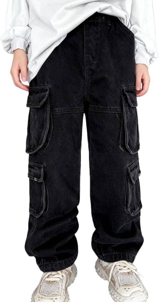 Jeans voor jongens, cargobroek, wijde pijpen, joggingbroek met meerdere zakken, elastische taille, denim broek voor tieners en kinderen