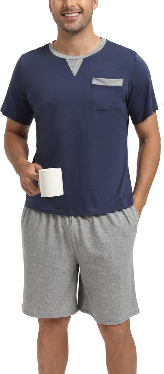 Zomerpyjama van katoen, voor heren, kort, comfortabel, set met korte mouwen, T-shirt en nachtkleding, shorts, tops, zwart, marineblauw, grijs