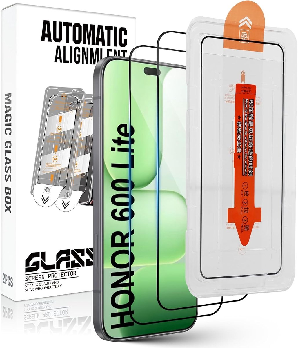 Beschermfolie voor Honor 600 Lite 5G, voor pantserglas, autoinstallatie, [2 stuks], anti-kras 9H hardheid, HD-folie, anti-luchtbellen, pantserfolie, beschermfolie, displaybeschermfolie