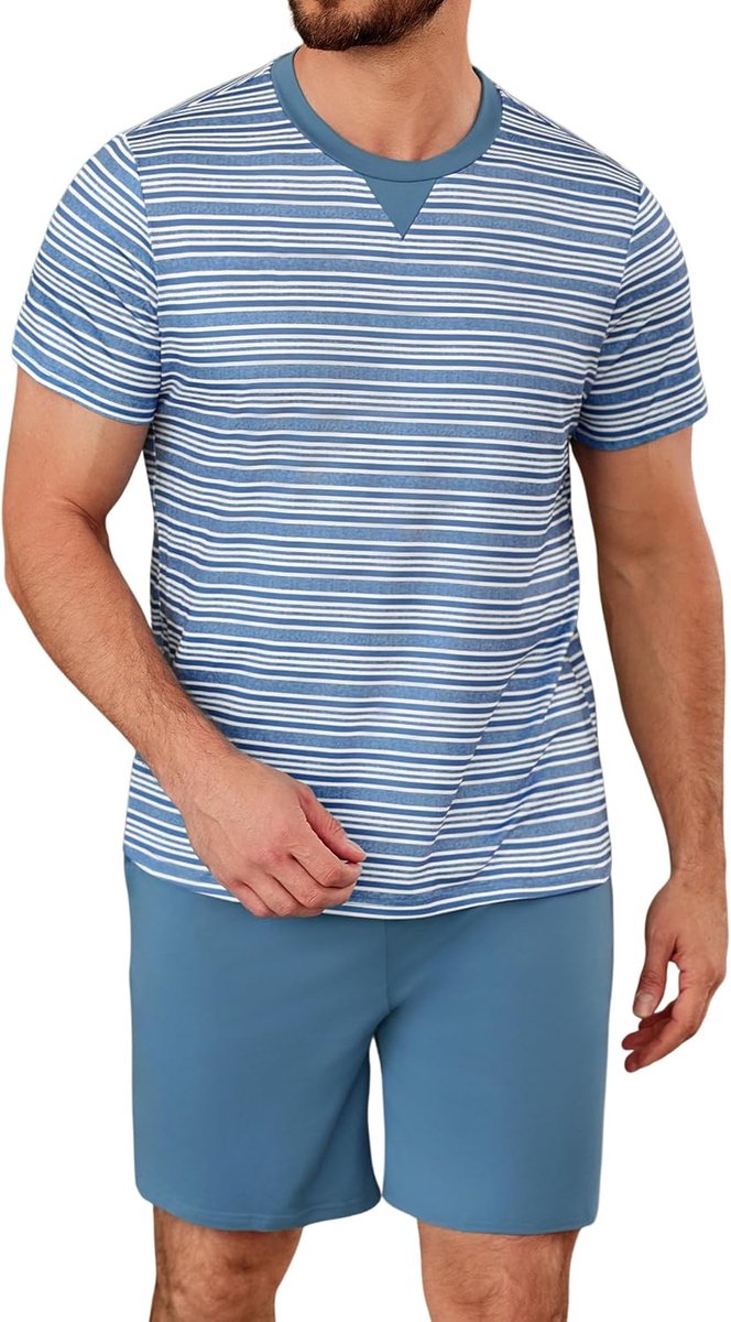 pyjama voor heren, van katoen met contrasterende strepen, zomerpyjamaset, bovendeel en korte broek, vader en partner, groen, L