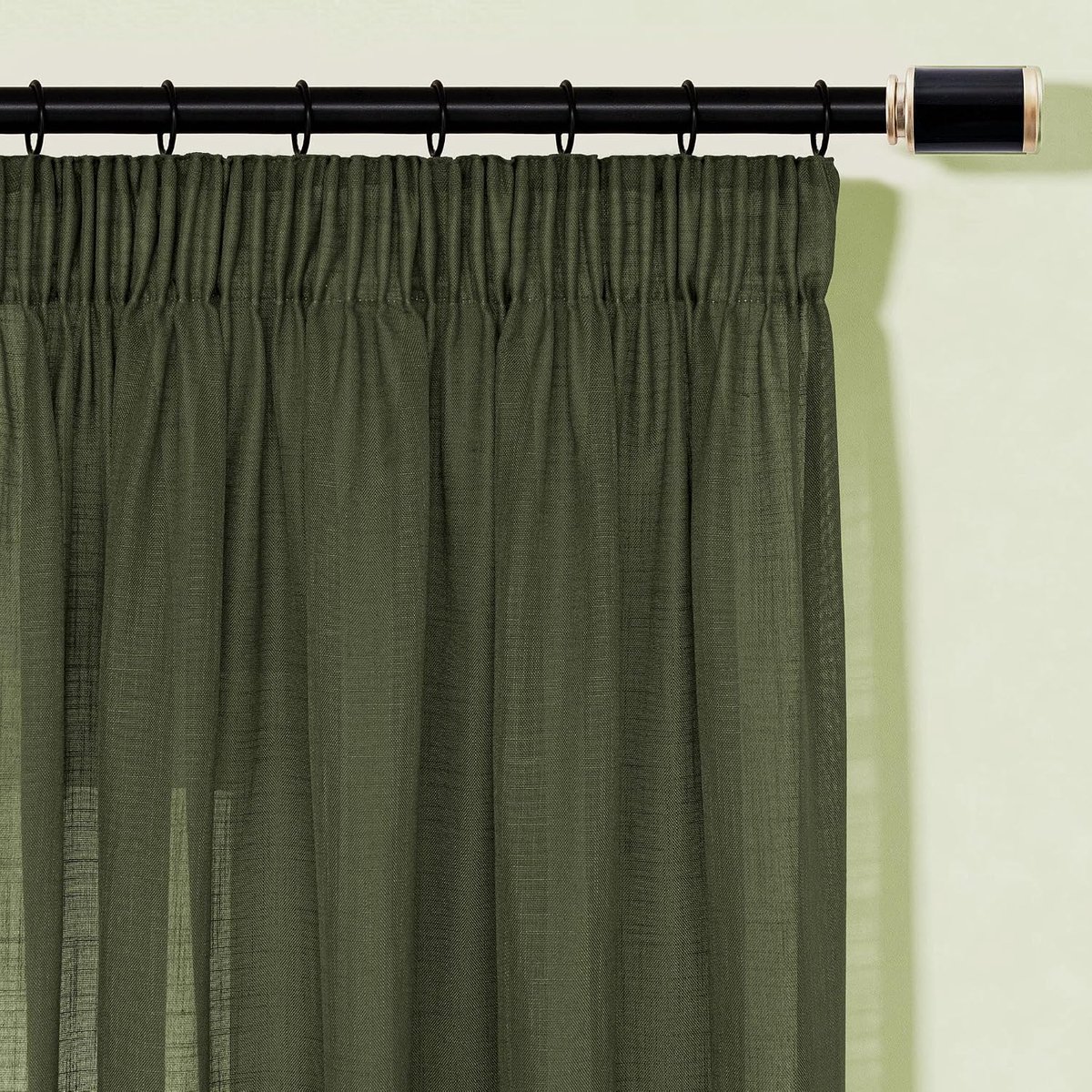 Gordijn met plooiband, lusgordijn, set van 2, gordijnen, half-transparant, linnenlook, gordijnen, H 160 x B 140 cm, olijfgroen
