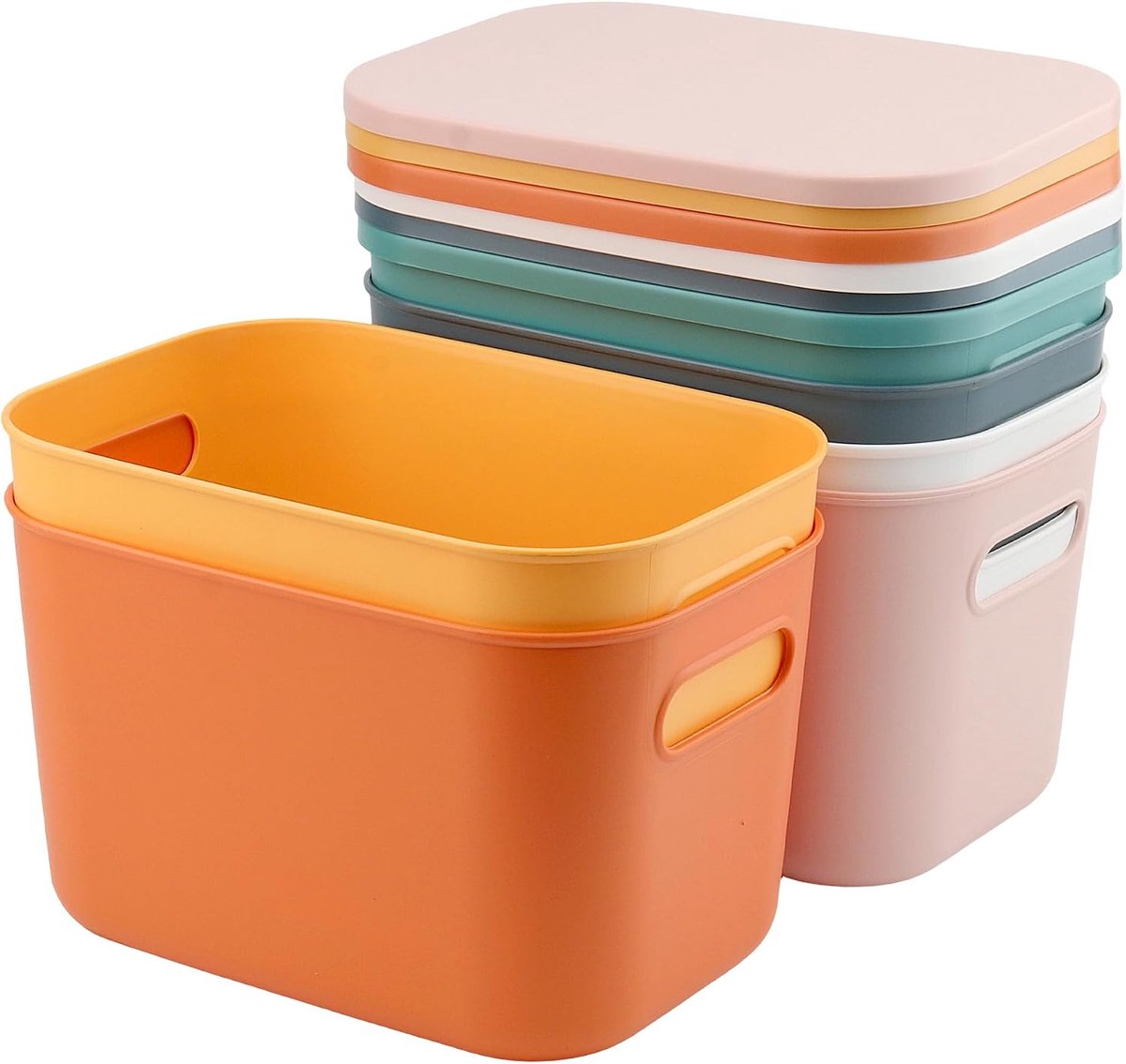 Opbergmand met deksel, 6 stuks, 25 x 18 x 16 cm, stapelbare kunststof containers, kleurrijke dozen voor slaapkamer, woonkamer, keuken, badkamer, kantoor, praktische opberghulp