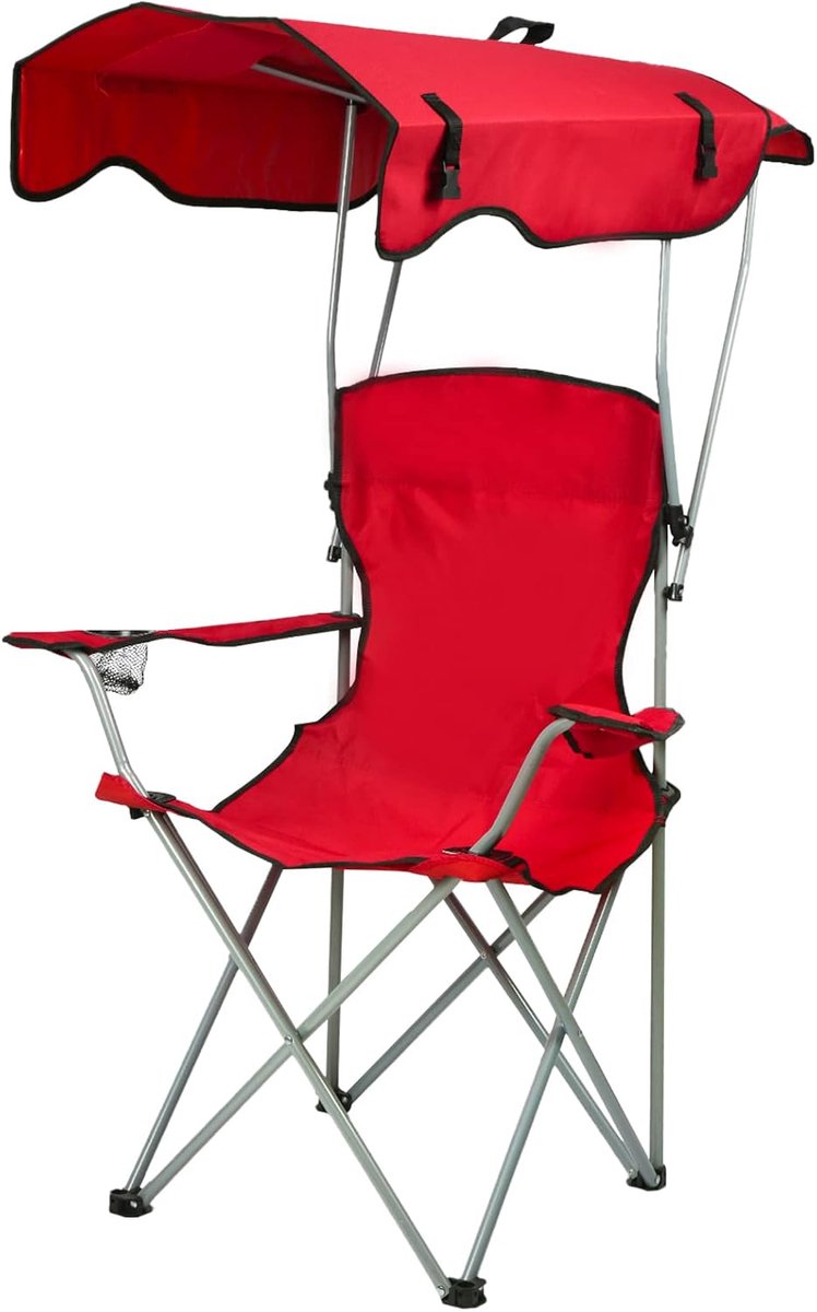 Opvouwbare campingstoel met dak, parasol, drankhouder, visstoel voor camping, vissen, uitstapjes, strand, rood
