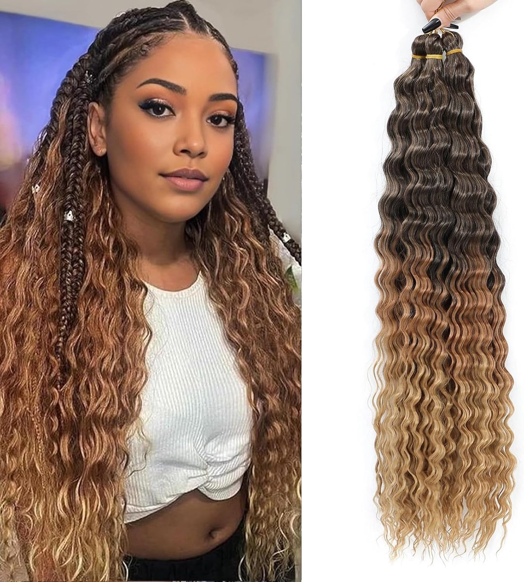 Wave cheveux Hair Extensions Deep Wave Flechten Haak Haar Zachte Synthetische Krullend Flechten Haak Haar voor Zwarte Vrouwen (1B/30/27#, 18 inch (pack of 3）)